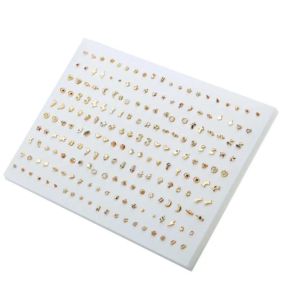 A flat white display shows 100 pairs of assorted acrylic stud earrings including hearts, stars, and moons.
