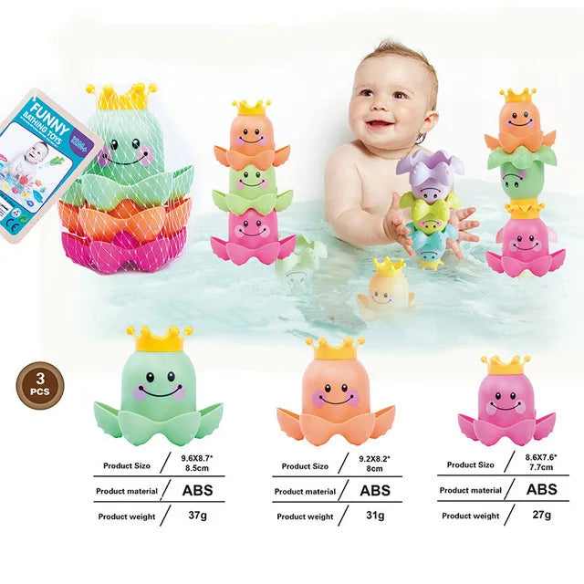 A set of boat-shaped stacking cups bath toys for toddlers in various colors like green, pink, and yellow.