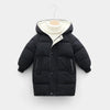A black padded parka jacket for kids with a cream-colored sherpa lining and hood.