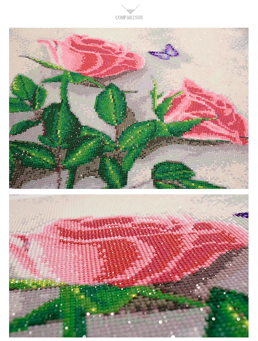 Diamond painting of a pink rose and green leaves set against a light background.