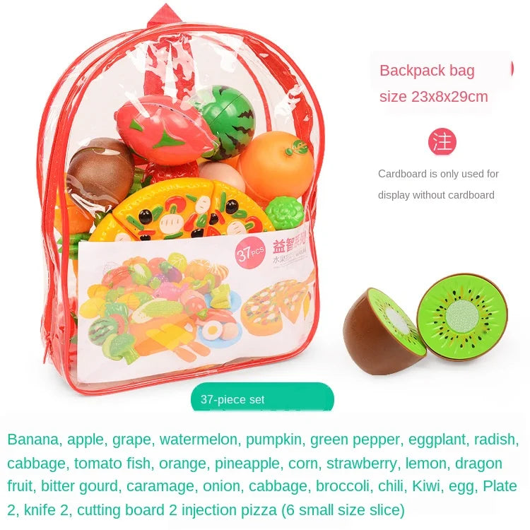 A red backpack bag filled with a 37-piece set of pretend play fruit and vegetable items for cutting and display.