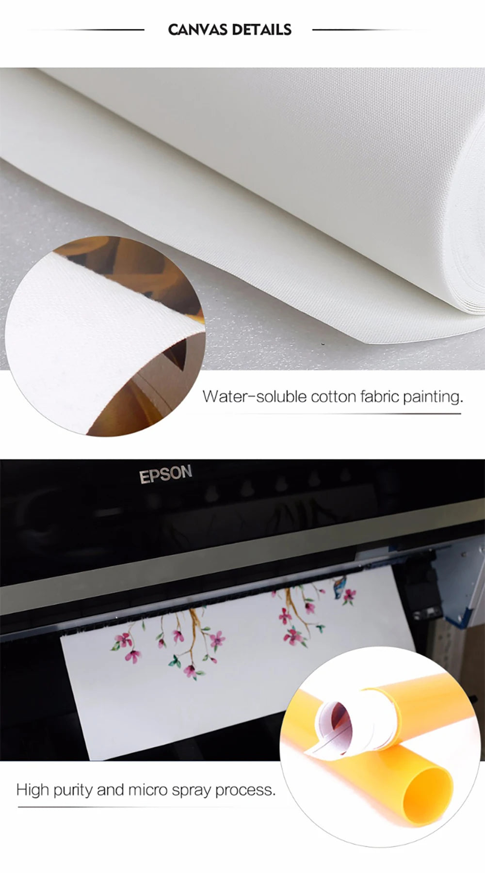 Gros plan d'une peinture sur toile blanche et d'une imprimante Epson qui imprime un motif floral sur du papier.