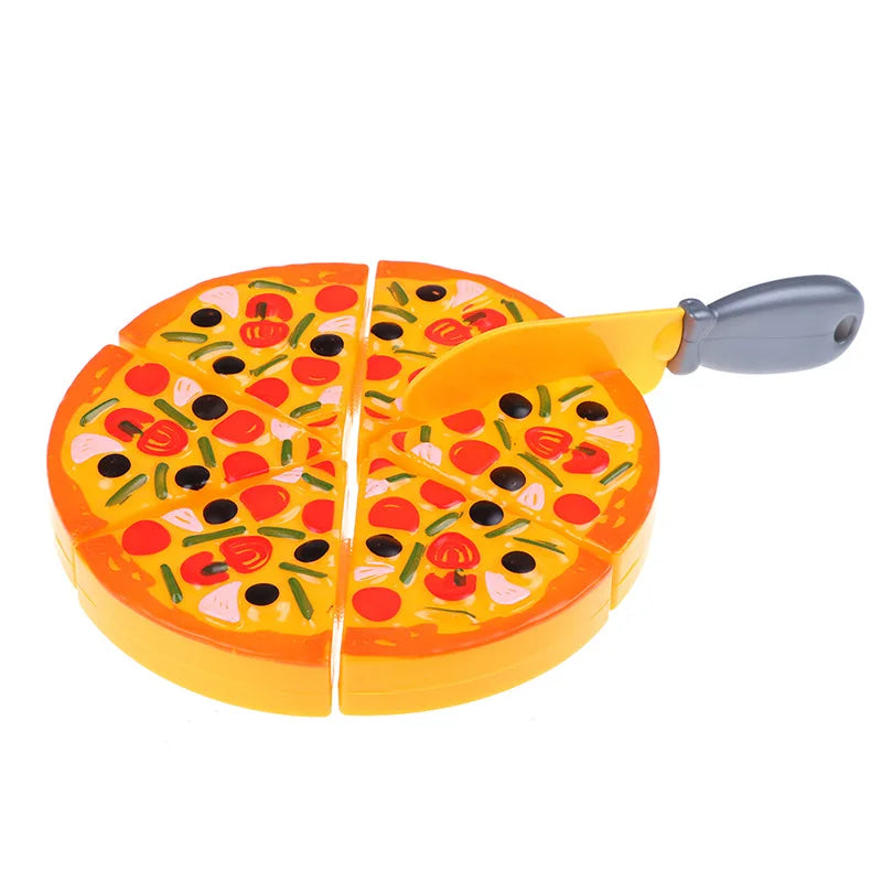A bright orange plastic food toy set shaped like a pizza, divided into slices, with a gray handle.