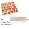 A wooden letter box set containing alphabet cards and a small blanket.