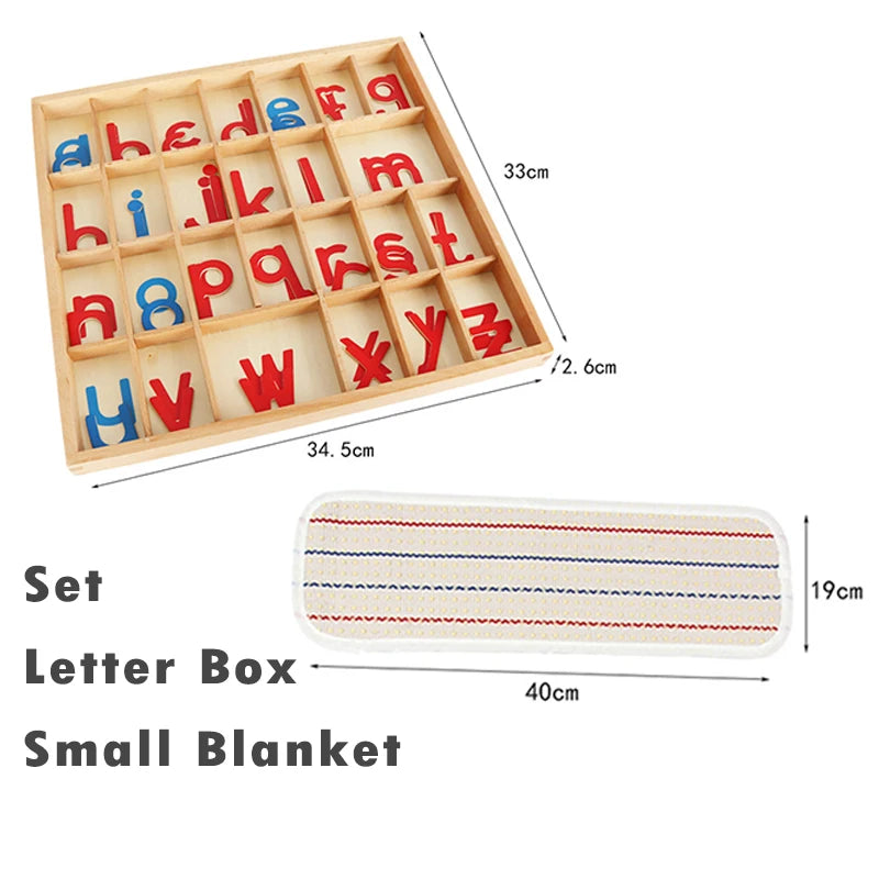 A wooden letter box set containing alphabet cards and a small blanket.