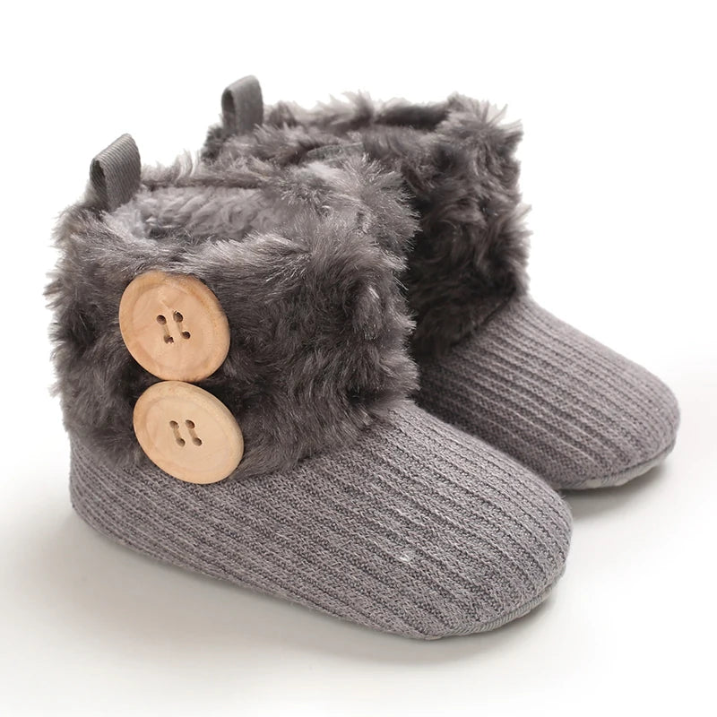 Gray plush baby snow boots for girls and boys with faux fur trim and anti-slip soles