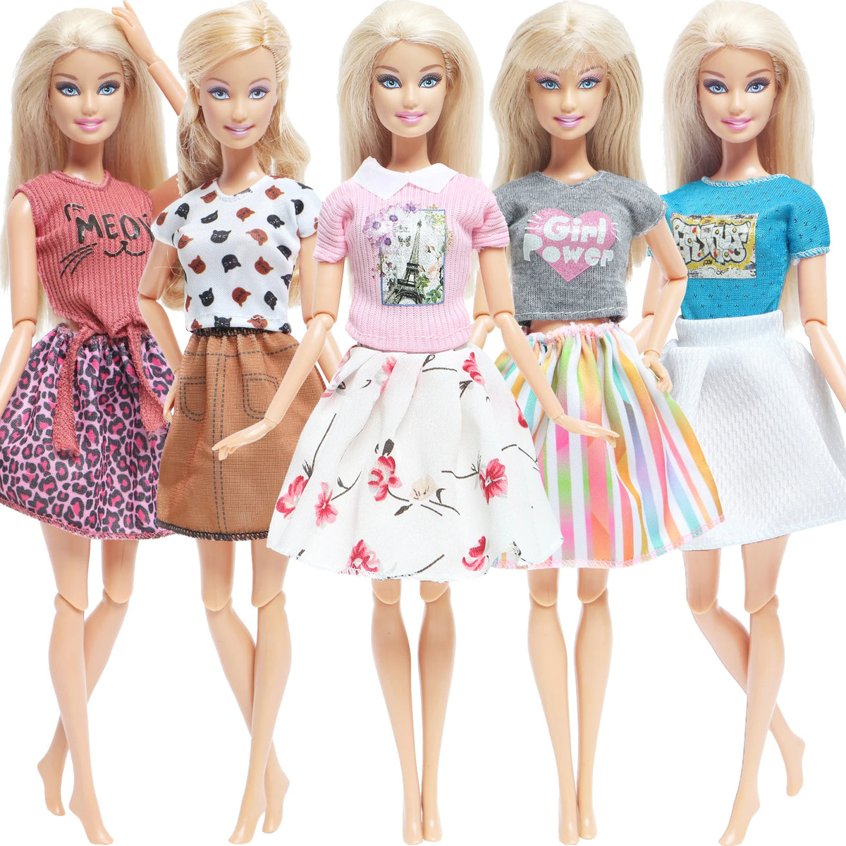 Five blonde dolls wearing casual tops and skirts in various colors and patterns