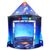 A colorful rocket ship pop-up play tent for kids with a starry sky design.
