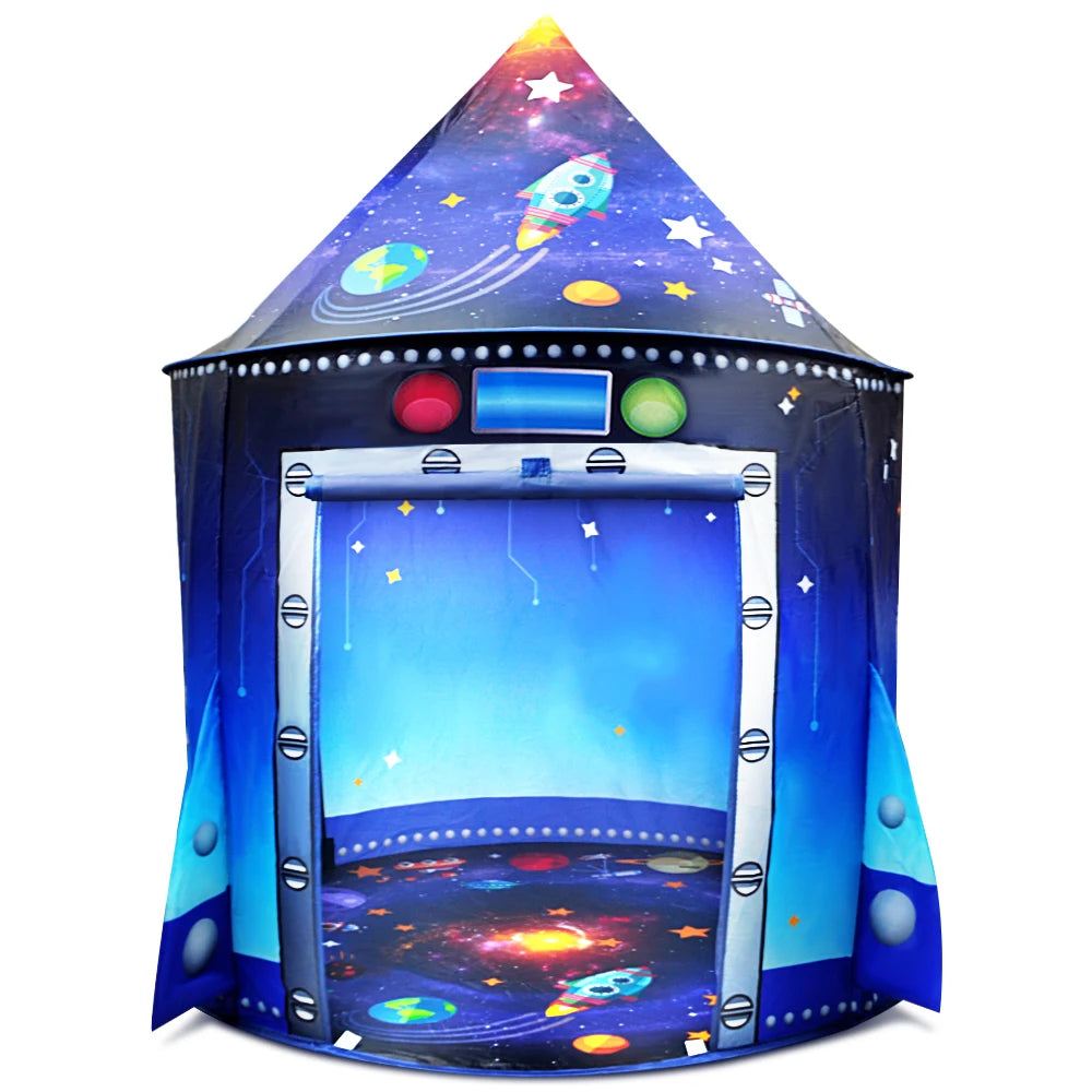 A colorful rocket ship pop-up play tent for kids with a starry sky design.