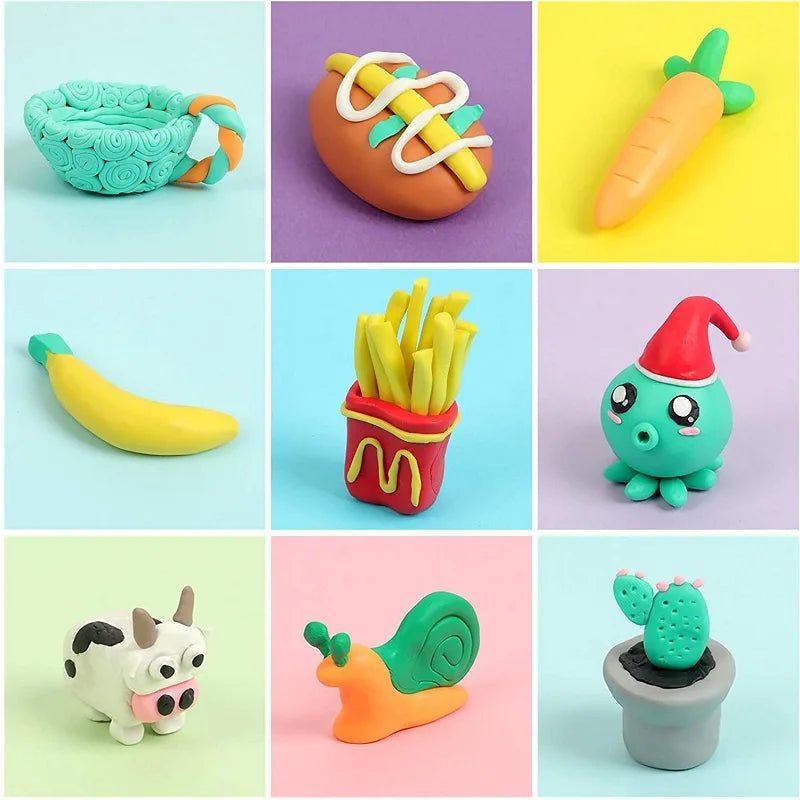A collection of polymer clay sculptures including a green hand, an orange carrot, a yellow banana, french fries in a pot, a r