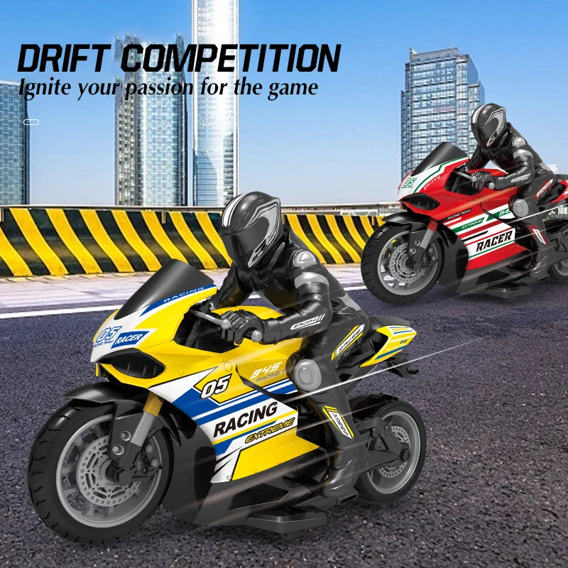 A yellow and black racing motorcycle is featured in a drift competition setting with a rider and background buildings.
