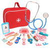 A red medical kit for pretend play featuring a stethoscope, various tools, and bandages.