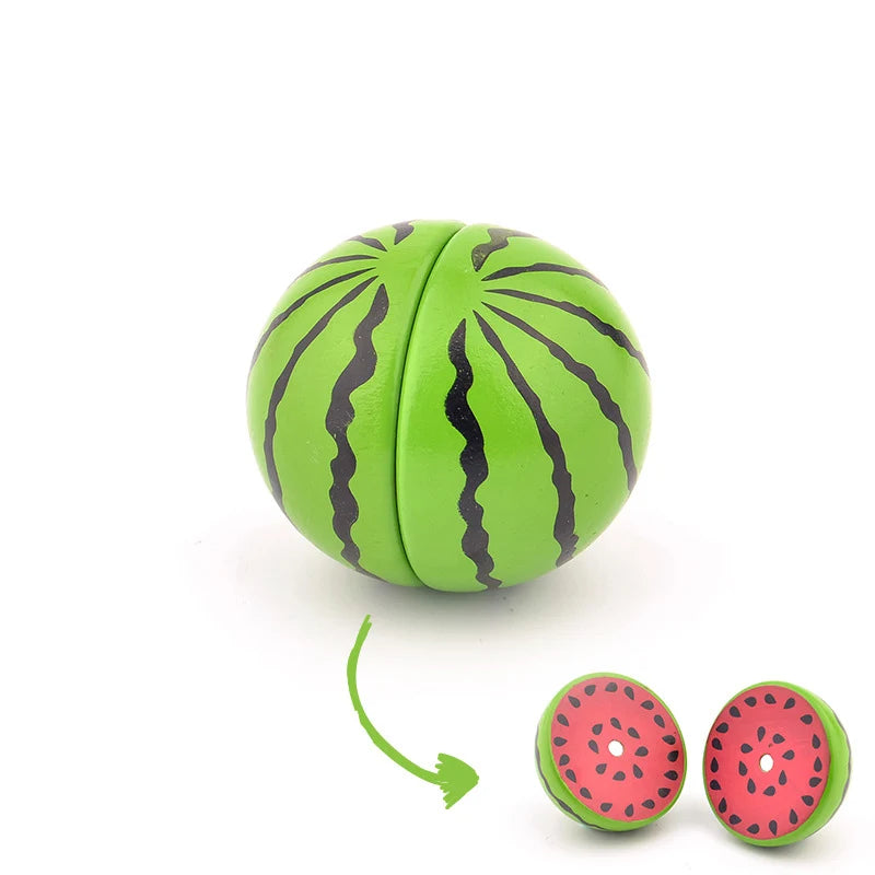 A green wooden fruit toy with black stripes, resembling a watermelon slice.