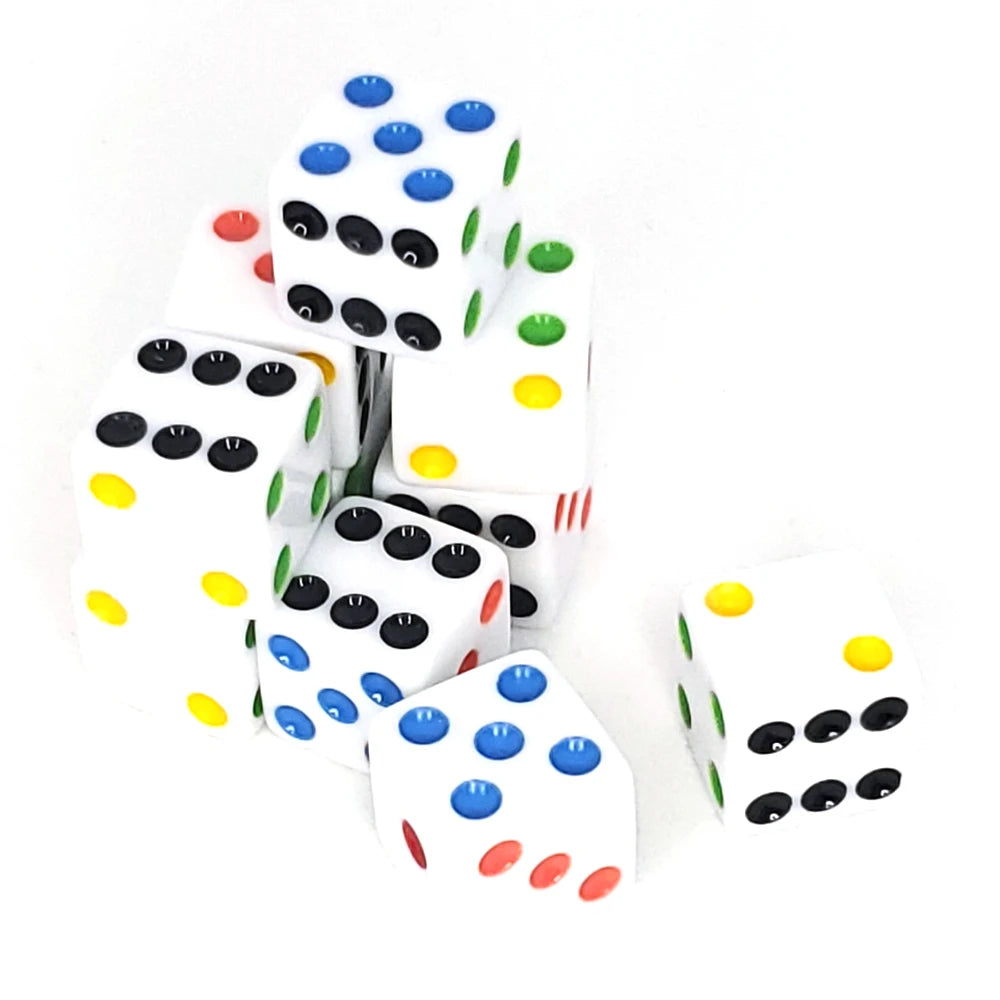 Classic White Acrylic Dice Set – 16mm with Colorful Dots