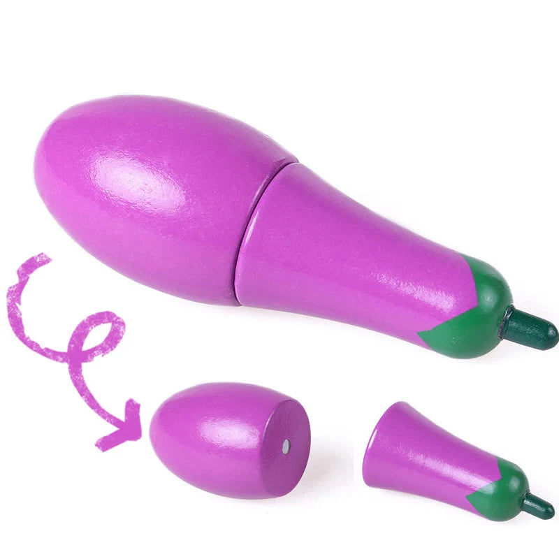 A set of purple magnetic wooden fruit and vegetable cutting toys, including a main piece and a smaller version.