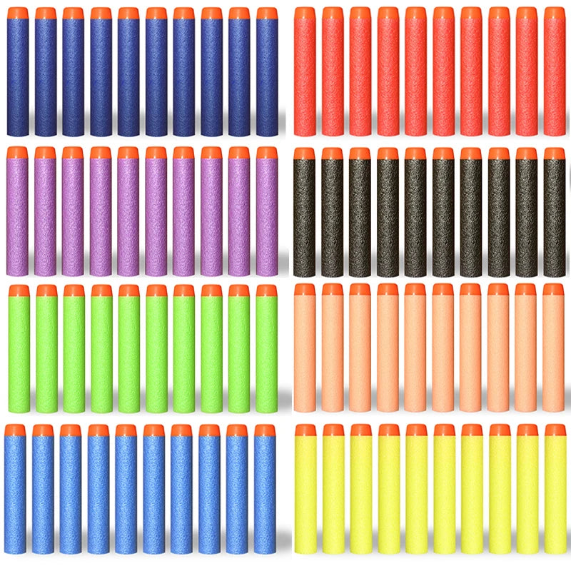 A collection of soft foam dart refills in various colors and lengths, packaged for toy blasters.