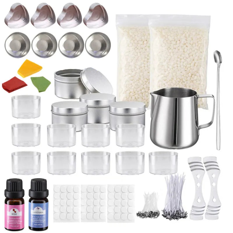 Complete candle making kit including pouring pot, wicks, and fixator tools