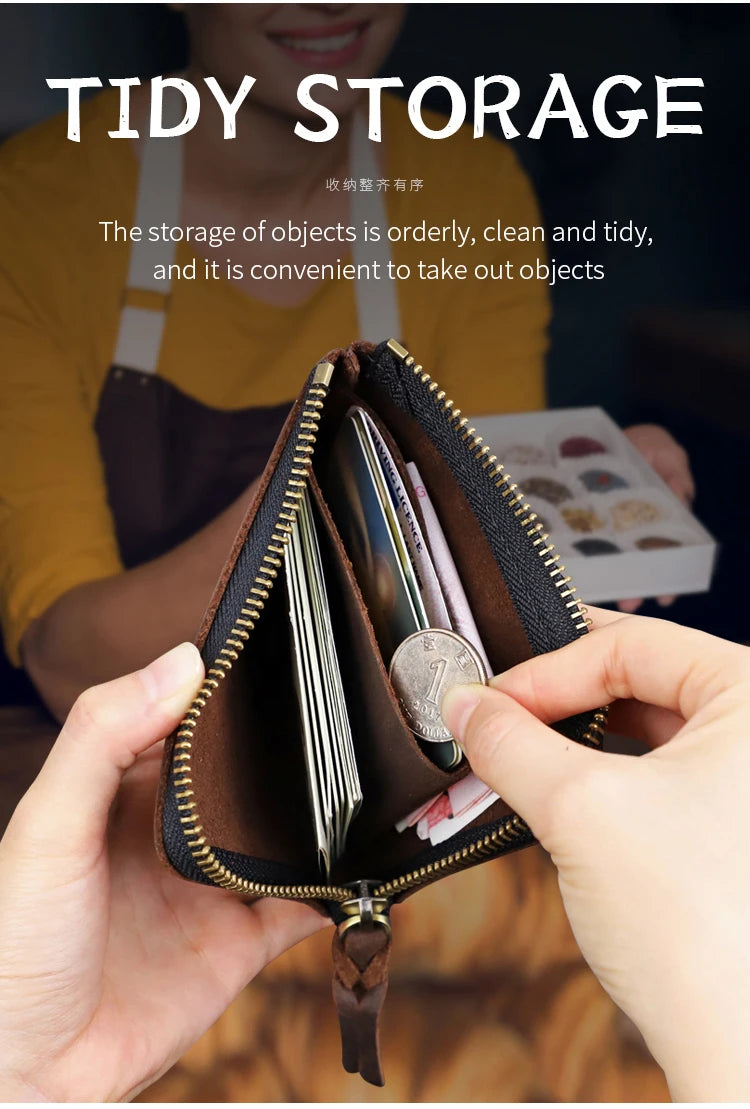 A hand holds a brown leather coin purse with a zipper open, showing various coins and cards inside.