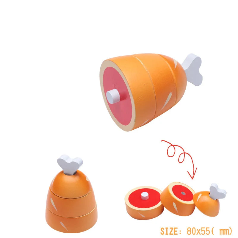 An orange wooden cutting toy set featuring a fruit or vegetable shape with a magnetic attachment.