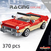 A red and beige classic rally car building block set with a folding roof displayed on a white surface.