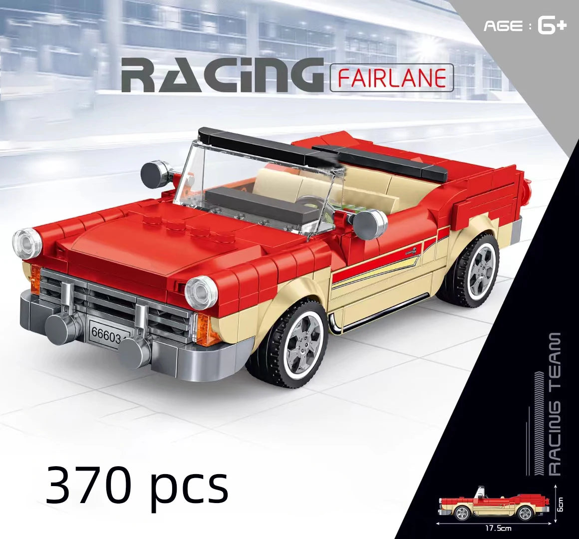 A red and beige classic rally car building block set with a folding roof displayed on a white surface.