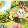 A colorful jigsaw puzzle featuring woodland animals like a turtle, a rabbit, and a fox in a grassy outdoor setting.