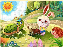 A colorful jigsaw puzzle featuring woodland animals like a turtle, a rabbit, and a fox in a grassy outdoor setting.