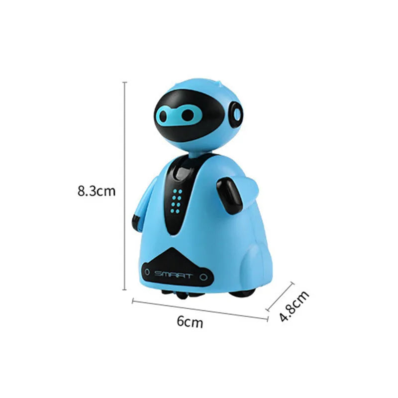 A blue line-following robot toy car with a black head and pen attachment.