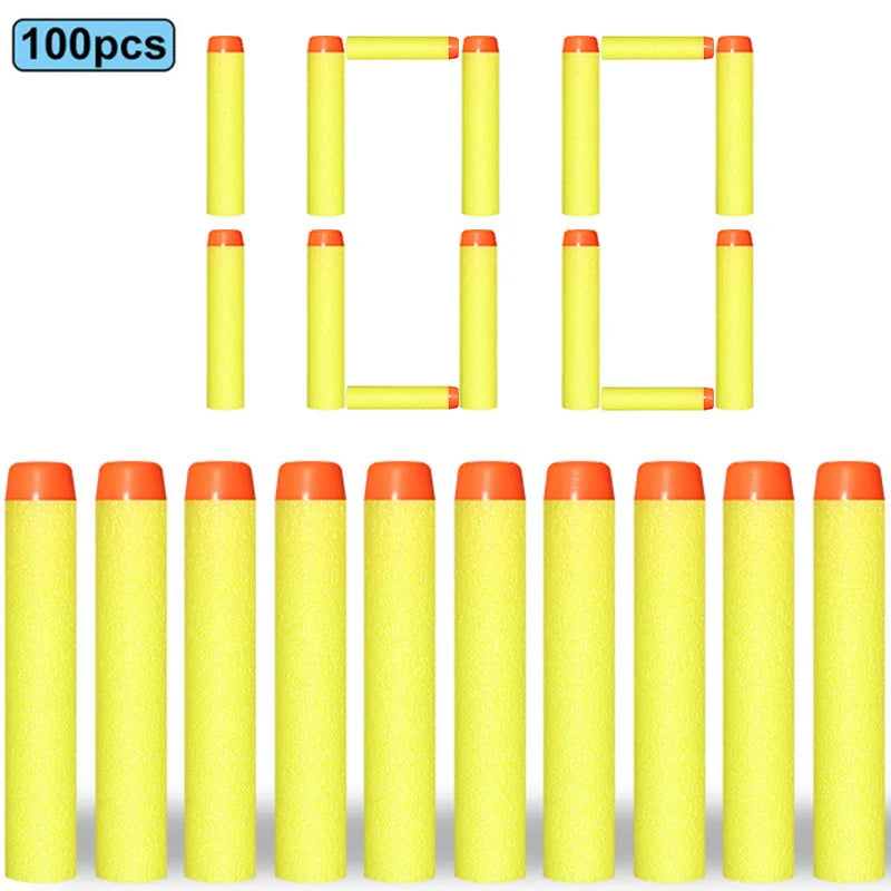 A collection of 100 soft foam dart refills in yellow and orange colors, shown in various formats.