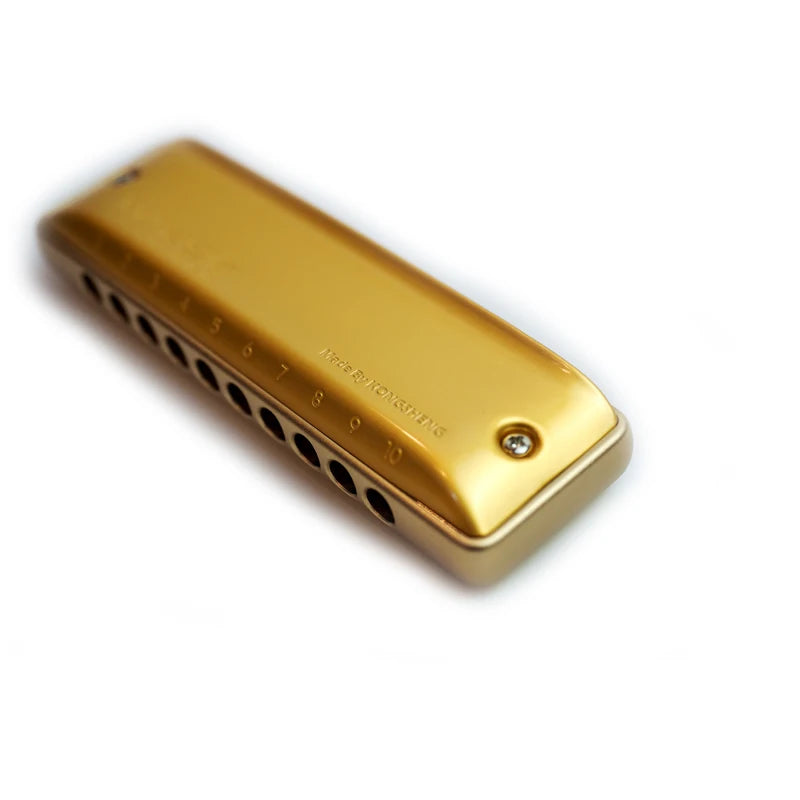 Goldfarbene Harmokorde mit runden Löchern in diagonaler Ansicht.