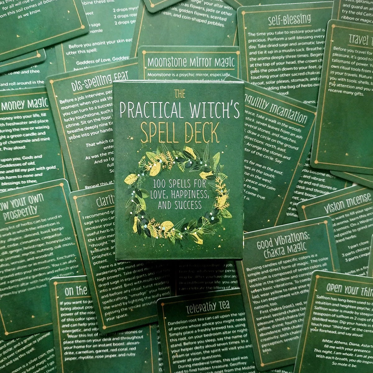 A collection of green tarot cards featuring spells, magic, and guidance text.