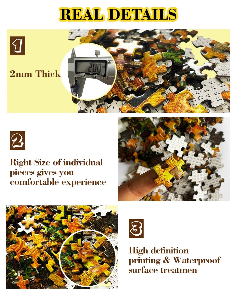 Details of a 1000-piece Van Gogh Starry Night jigsaw puzzle showing thickness, piece size, and high-definition printing.
