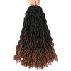 A hand holds a long, dark brown faux loc crochet hair extension with soft curly ombre texture.