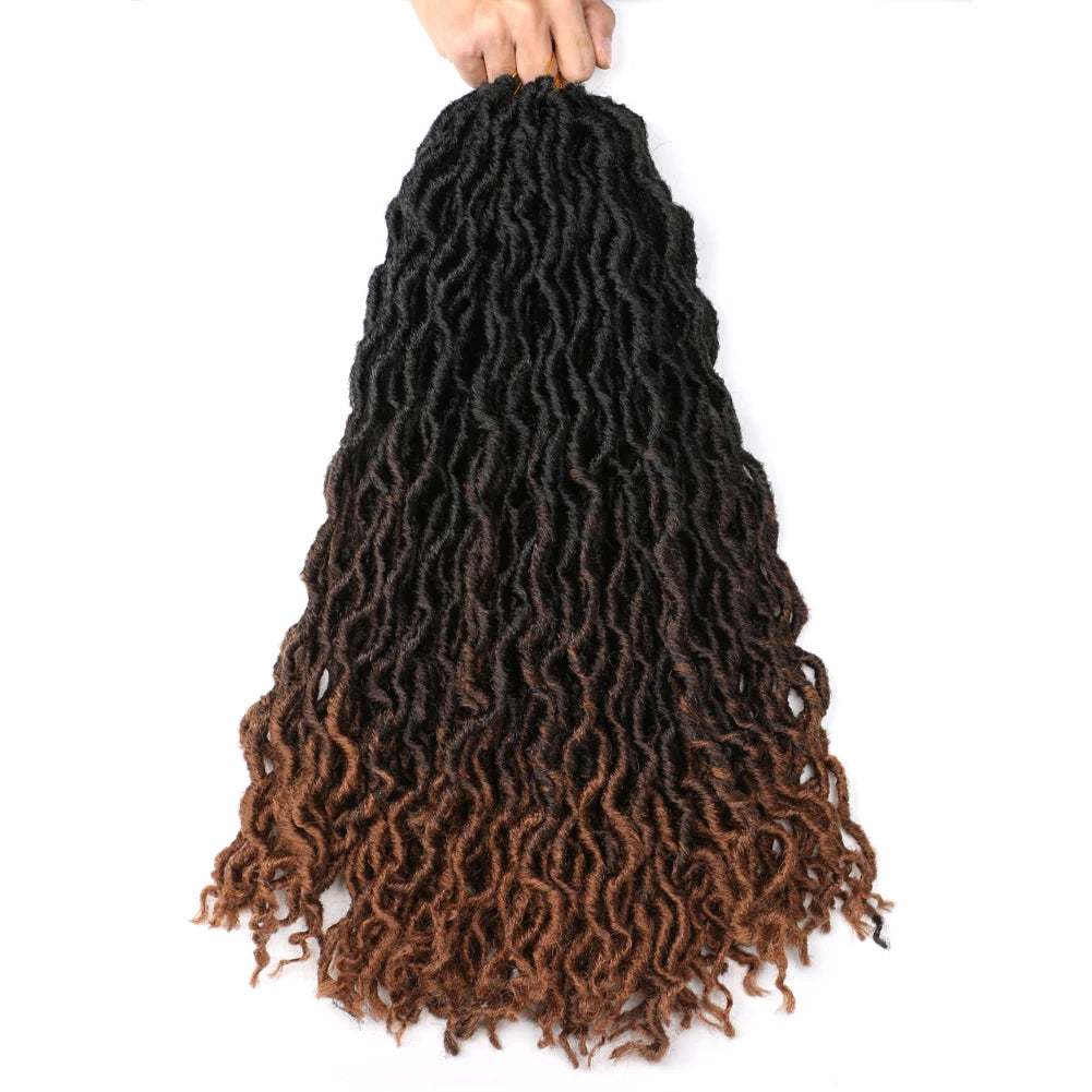 A hand holds a long, dark brown faux loc crochet hair extension with soft curly ombre texture.