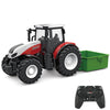 A red and white toy tractor with a trailer is shown alongside its 2.4G remote control.