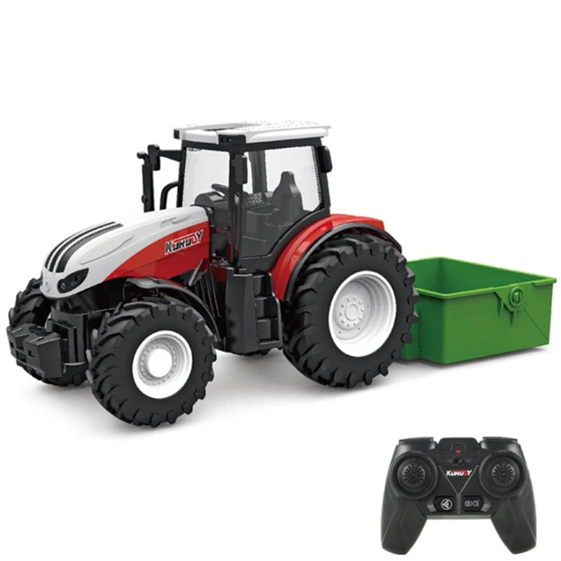 A red and white toy tractor with a trailer is shown alongside its 2.4G remote control.