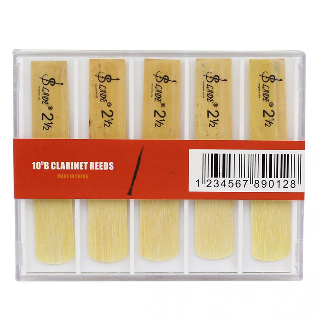 A pack of ten bamboo clarinet reeds labeled as strength 2½, packaged in a clear plastic case.