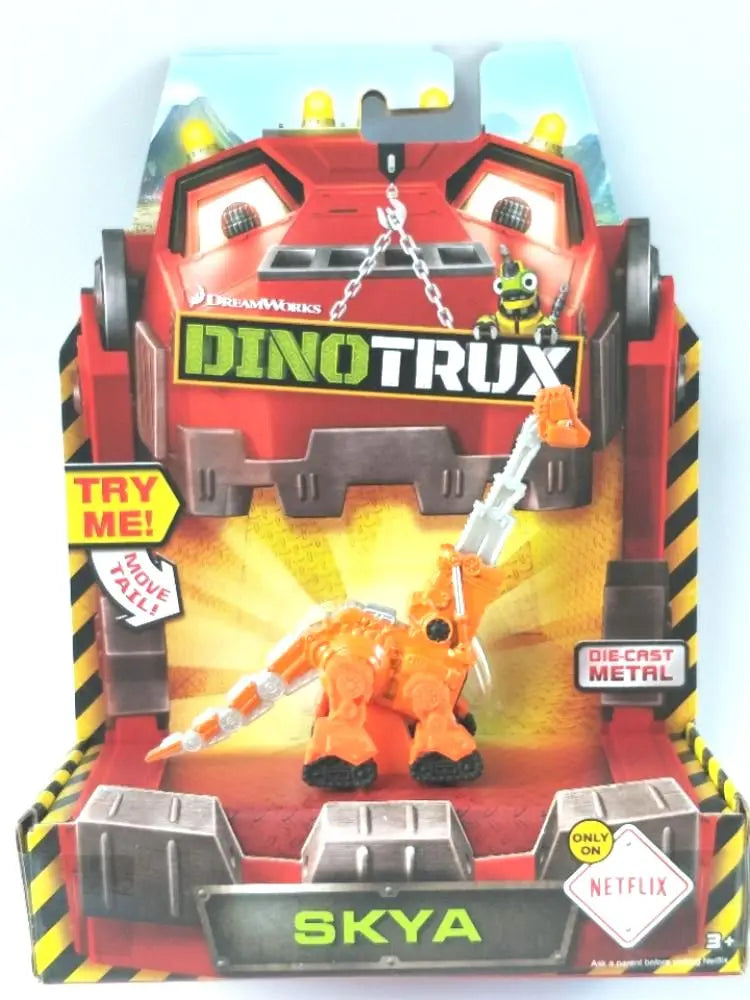 A Dinotrux toy car featuring an orange dinosaur figure named Skya on a cardboard box.