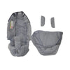 Gray stroller accessory kit including a mosquito net, rain cover, and other items.