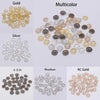 A collection of flower petal bead caps in gold, multicolor, silver, rhodium, and KC gold finishes.