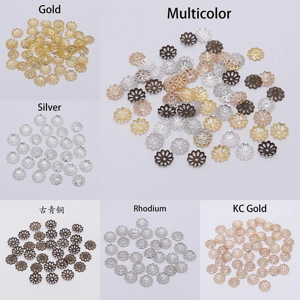 A collection of flower petal bead caps in gold, multicolor, silver, rhodium, and KC gold finishes.