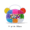 A clear plastic container filled with 11 grids of assorted colorful acrylic beads for DIY jewelry making