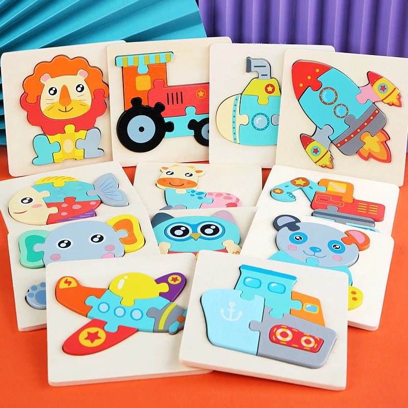A set of wooden puzzles featuring cartoon animals like a lion, elephant, and cat for children's early learning.