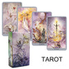 A collection of tarot cards featuring various imagery like the Ace and Two of Swords in purple and gold tones.