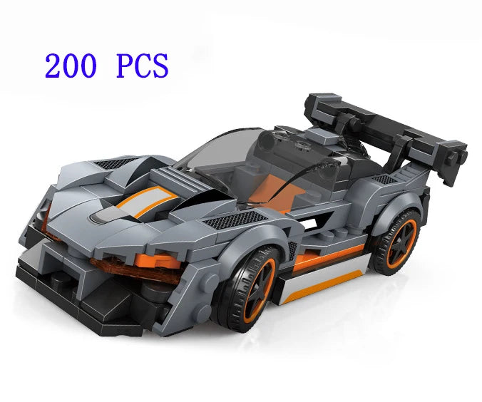 A gray and orange classic rally car building block set with 200 pieces.