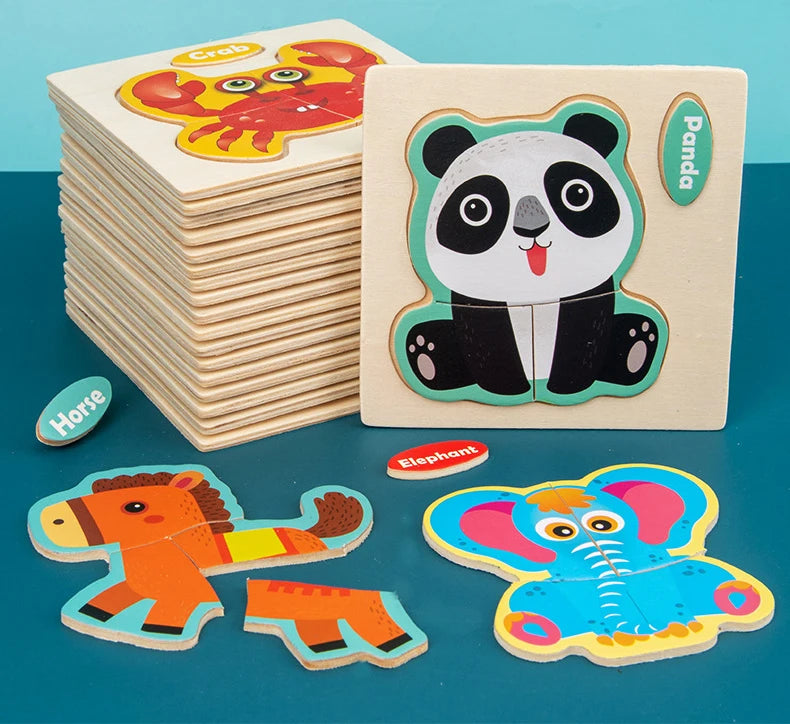 Wooden 3D Cartoon Animal Jigsaw Puzzle for Kids