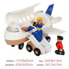 A wooden train track accessory set featuring an airplane and a walkway with figures.