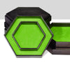 A black storage box with a hexagonal green tray and lid, featuring a velvet interior.