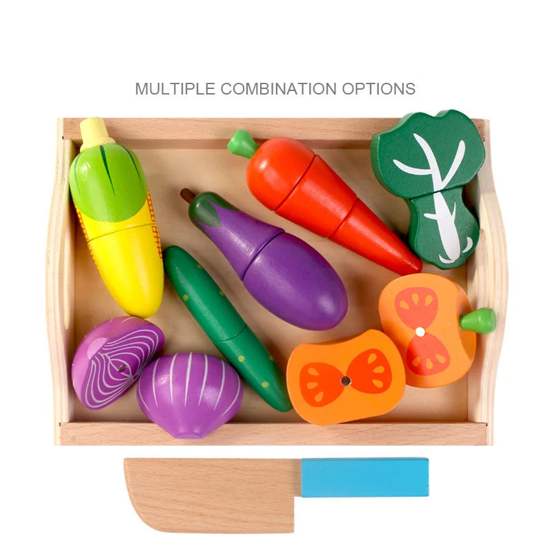 A wooden magnetic fruit and vegetable cutting play set featuring various colorful fruits and vegetables.