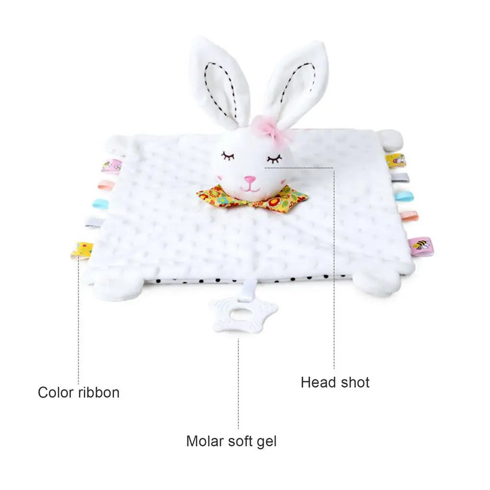 A white plush baby comforter security toy featuring a rabbit head shot and molar soft gel teether.